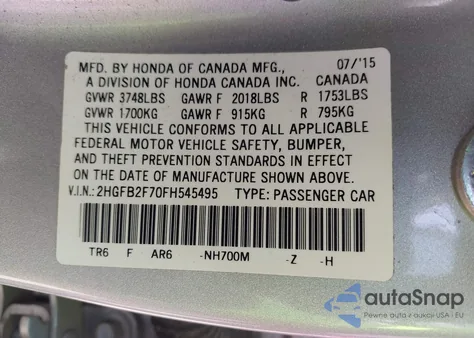 2015 Honda Civic Se из США, поврежденный, VIN 2HGFB2F70FH545495